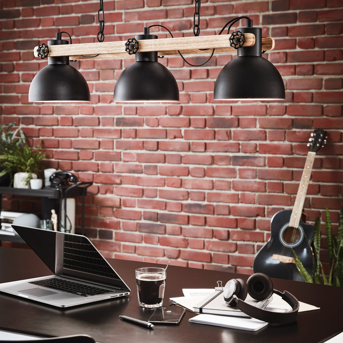 Lubenham Three Lamp Linear Pendant in Black with Wood Detailing