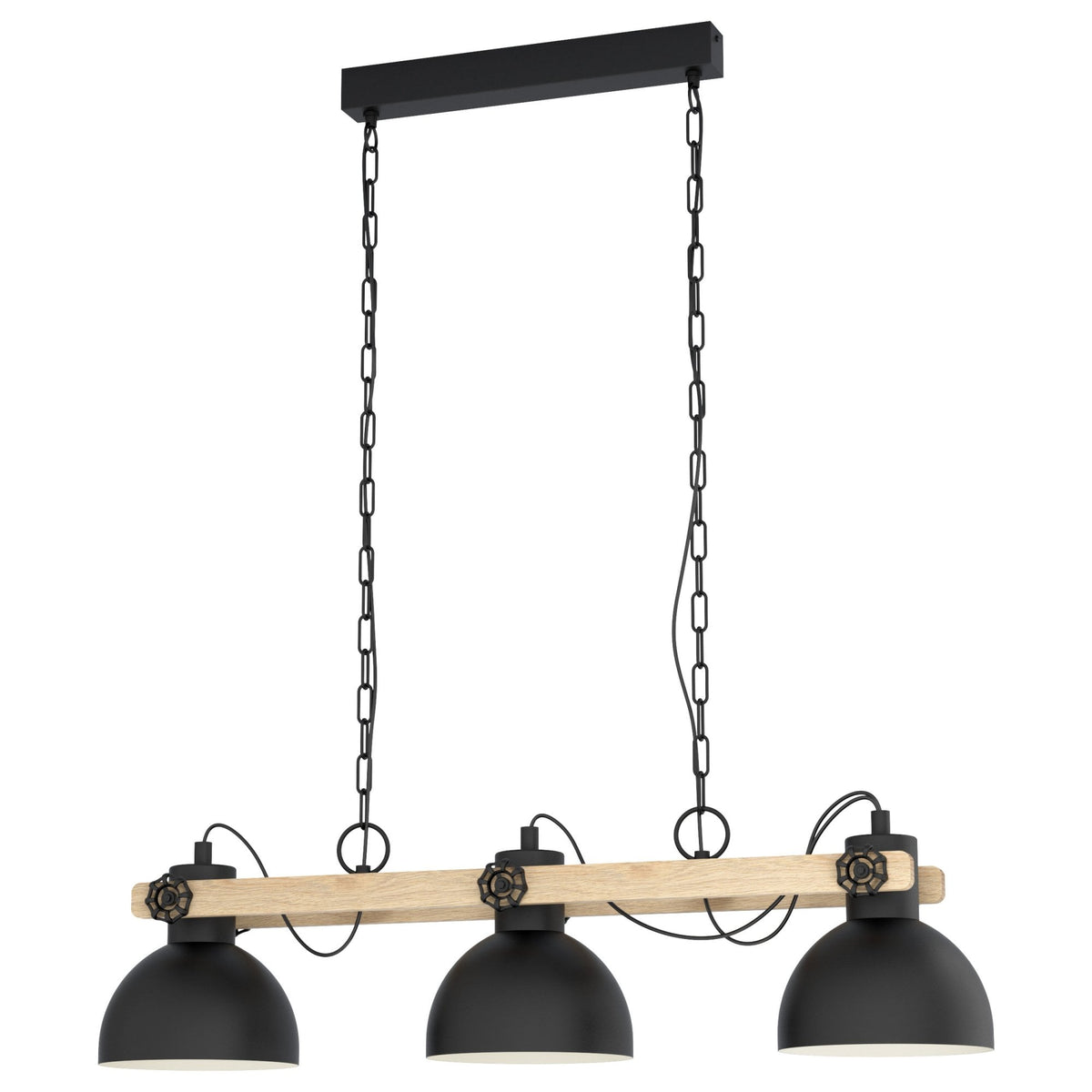 Lubenham Three Lamp Linear Pendant in Black with Wood Detailing