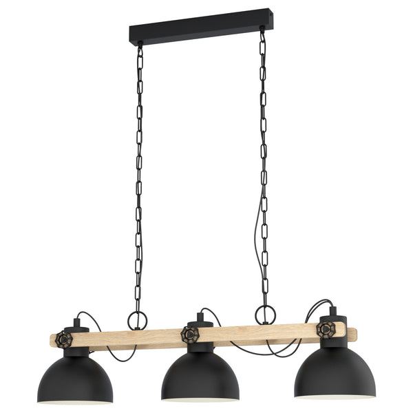 Lubenham Three Lamp Linear Pendant in Black with Wood Detailing