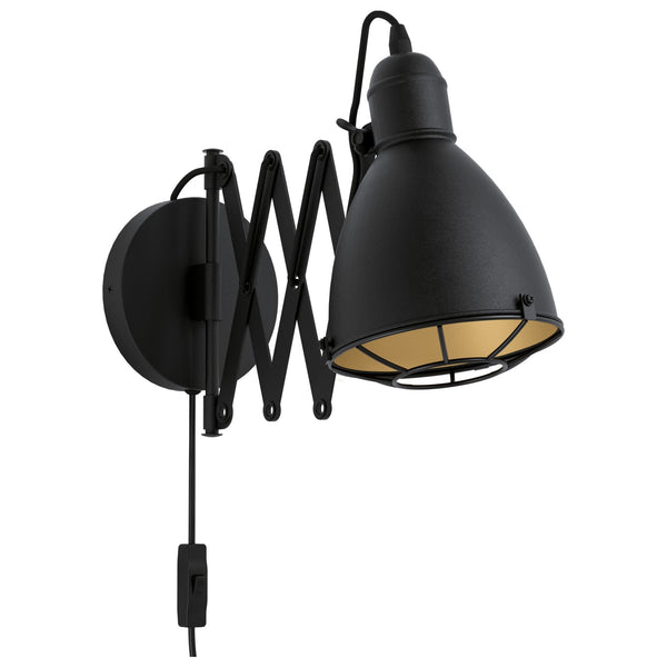 A black industrial-style wall lamp with an adjustable scissor arm and a golden interior.