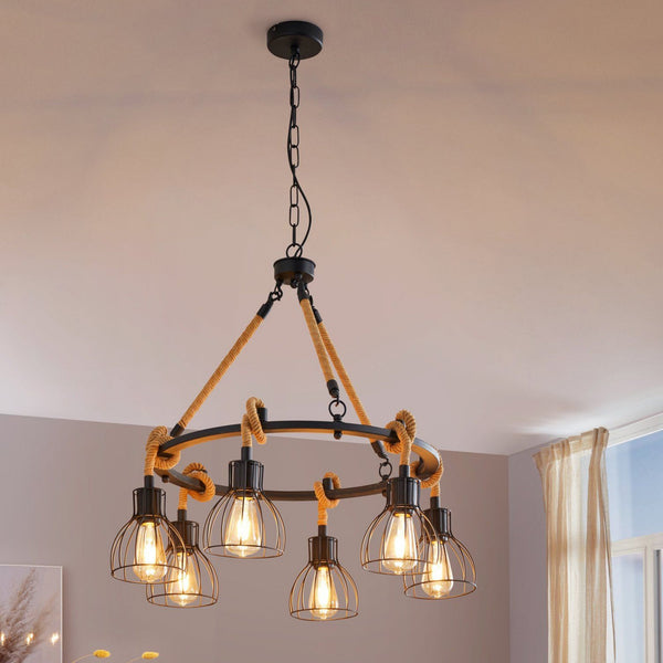Rampside Six Lamp Hemp Rope Round Pendant