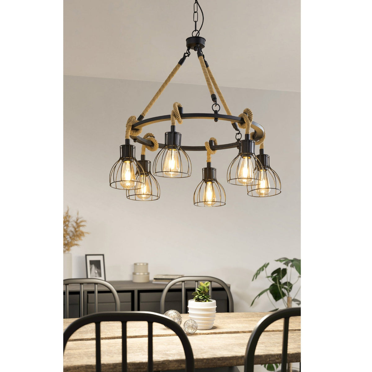 Rampside Six Lamp Hemp Rope Round Pendant