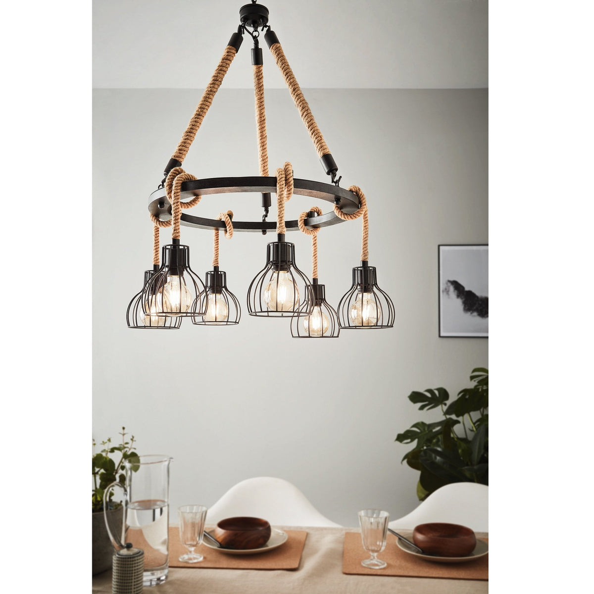 Rampside Six Lamp Hemp Rope Round Pendant