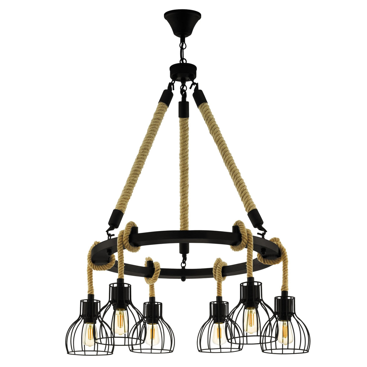 Rampside Six Lamp Hemp Rope Round Pendant