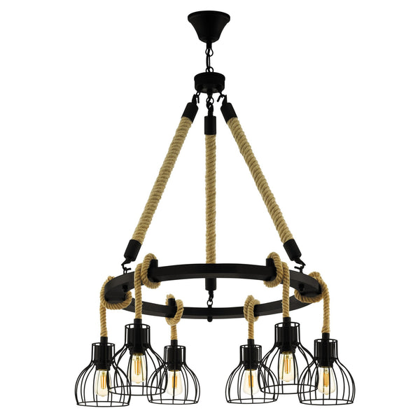 Rampside Six Lamp Hemp Rope Round Pendant