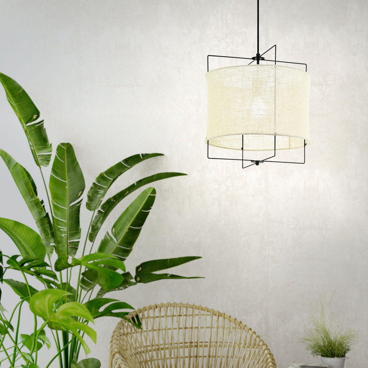 Bridekirk Black Frame Pendant Wrapped in Natural Linen Fabric