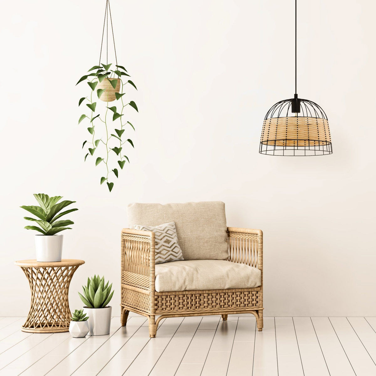 Anwick 370mm Black Metal Frame Pendant with Natural Woven Rattan Strips