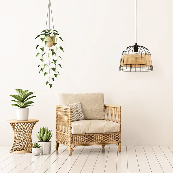 Anwick 370mm Black Metal Frame Pendant with Natural Woven Rattan Strips