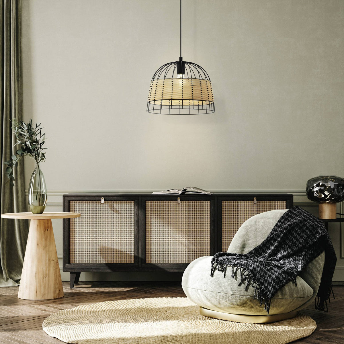 Anwick 370mm Black Metal Frame Pendant with Natural Woven Rattan Strips