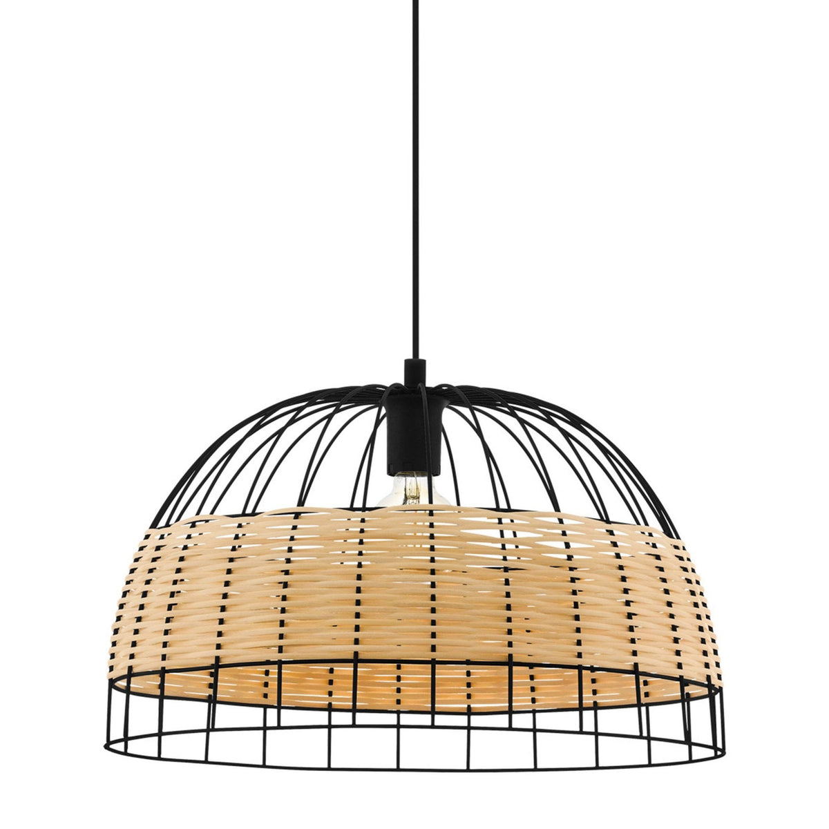 Anwick 500mm Black Metal Frame Pendant with Natural Woven Rattan Strips