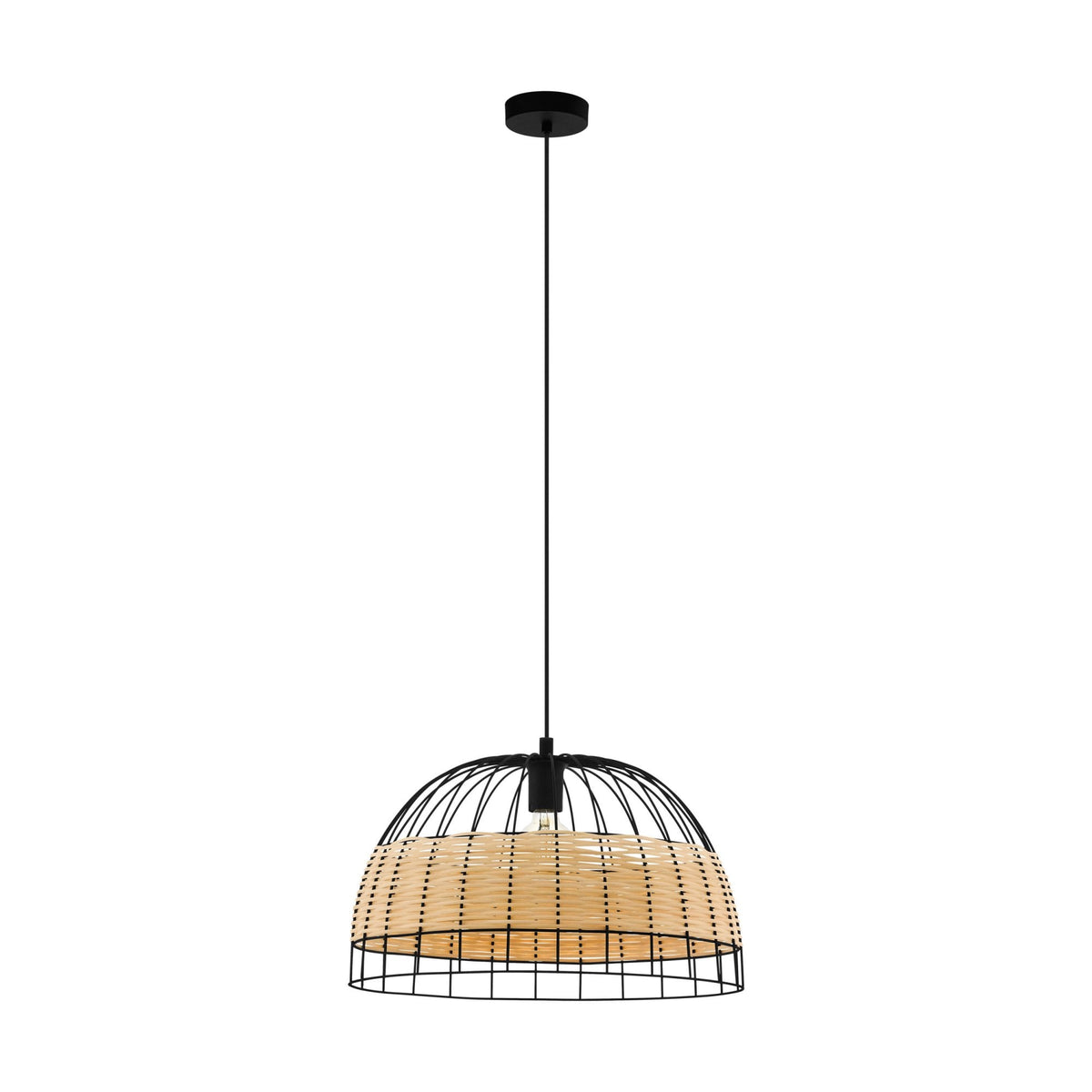 Anwick 500mm Black Metal Frame Pendant with Natural Woven Rattan Strips