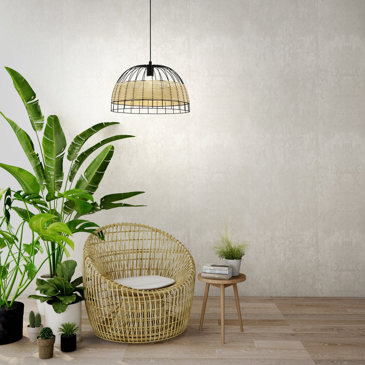 Anwick 500mm Black Metal Frame Pendant with Natural Woven Rattan Strips