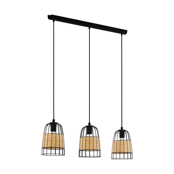 Anwick Triple Drop Black Metal Framed Pendants with Natural Woven Rattan Strips