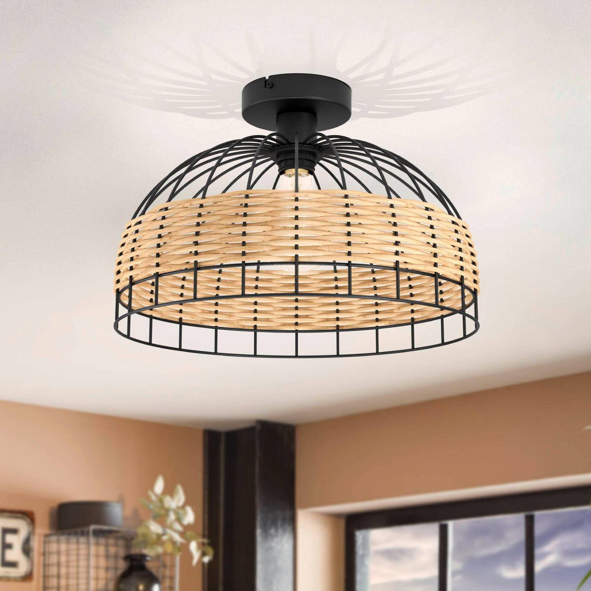 Anwick Black Metal Frame Ceiling Light with Natural Woven Rattan Strips