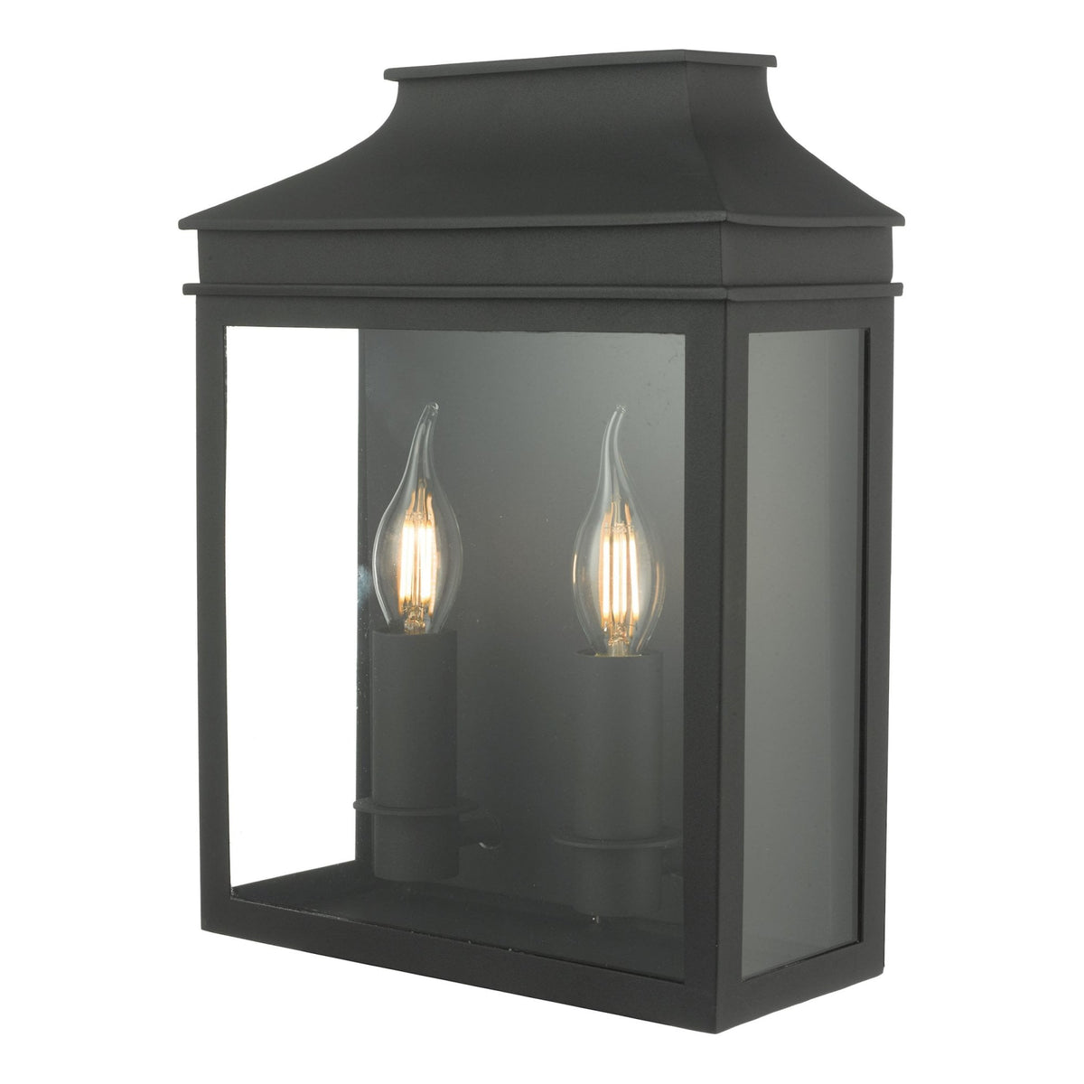 Black outdoor wall lantern with two exposed candle-style bulbs.