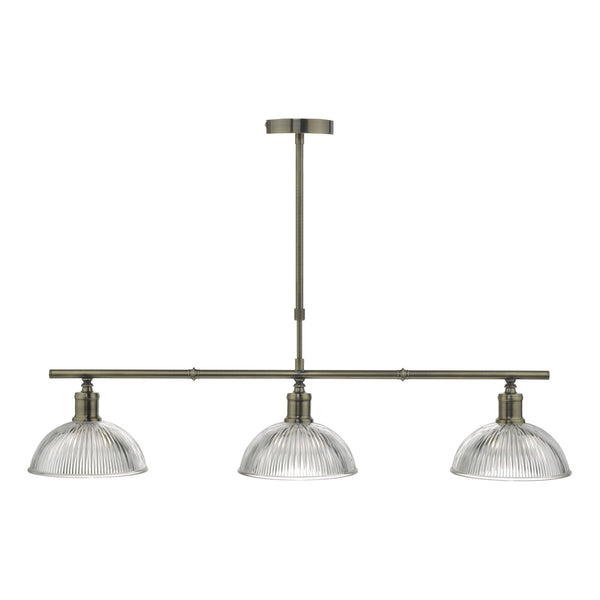 Dara 3 Light Linear Pendant In Antique Brass With Ribbed Glass Shade Glass
