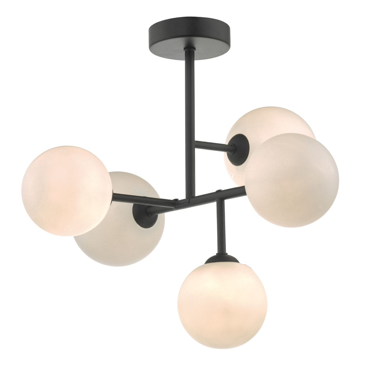 Euan 5 Light Semi Flush Ceiling Light In Matt Black With Opal Glass Shades