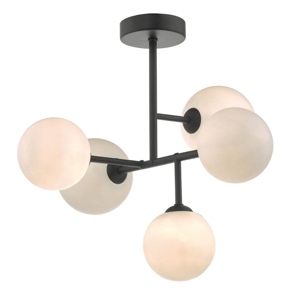 Euan 5 Light Semi Flush Ceiling Light In Matt Black With Opal Glass Shades