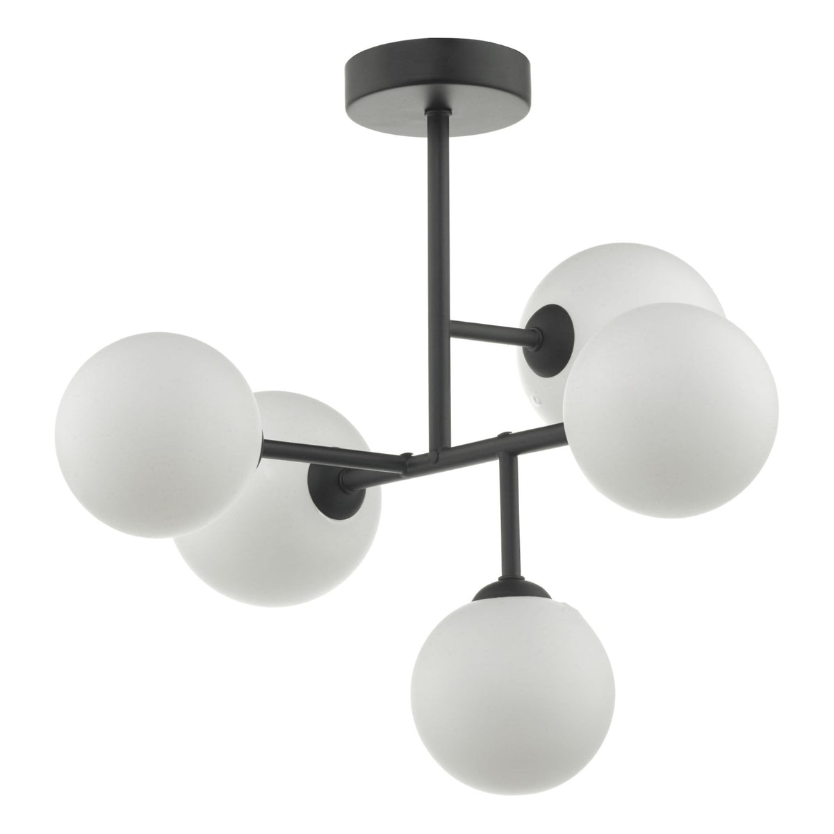 Euan 5 Light Semi Flush Ceiling Light In Matt Black With Opal Glass Shades