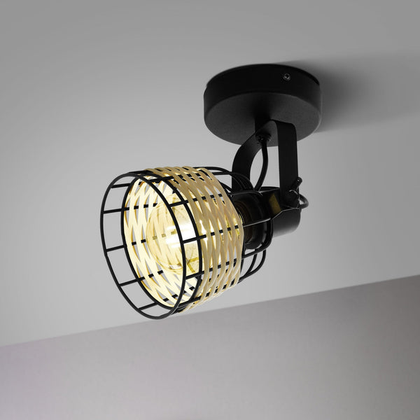Anwick 1 Black Metal Frame Single Spotlight with Natural Woven Rattan Strips