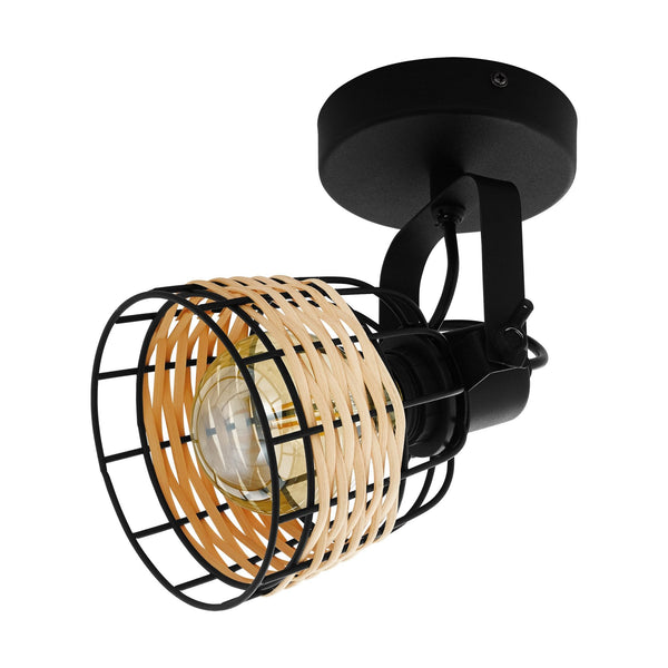 Anwick 1 Black Metal Frame Single Spotlight with Natural Woven Rattan Strips