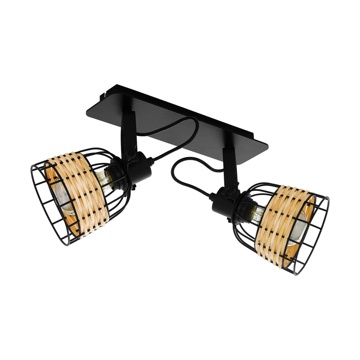 Anwick 1 Black Metal Frame Twin Spotlight with Natural Woven Rattan Strips