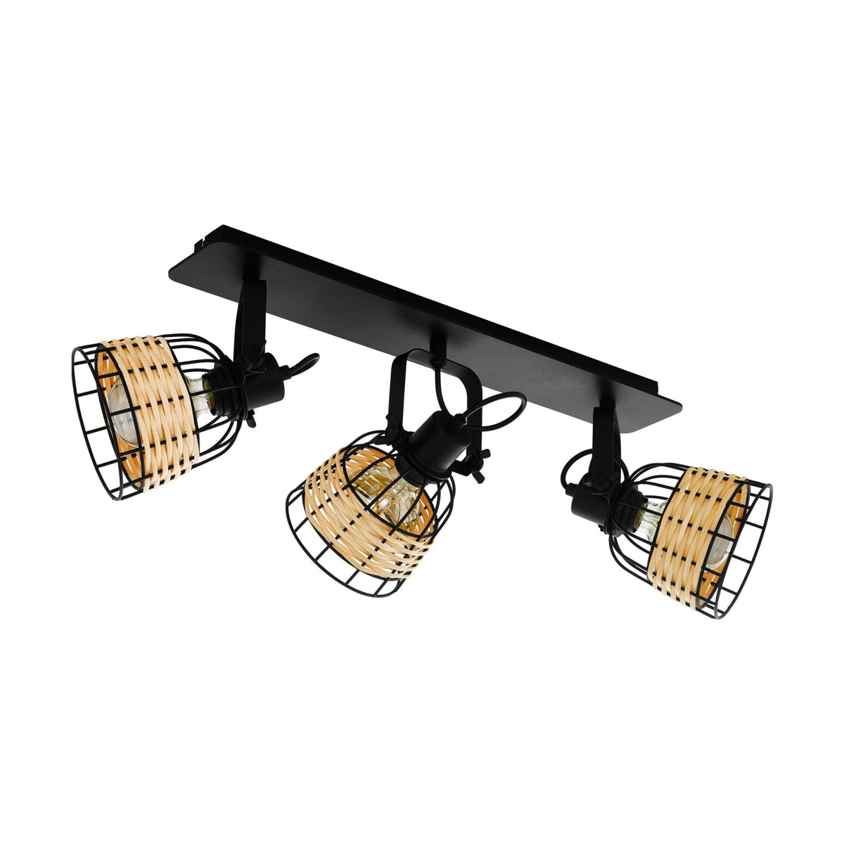 Anwick 1 Black Metal Frame Triple Spotlight with Natural Woven Rattan Strips