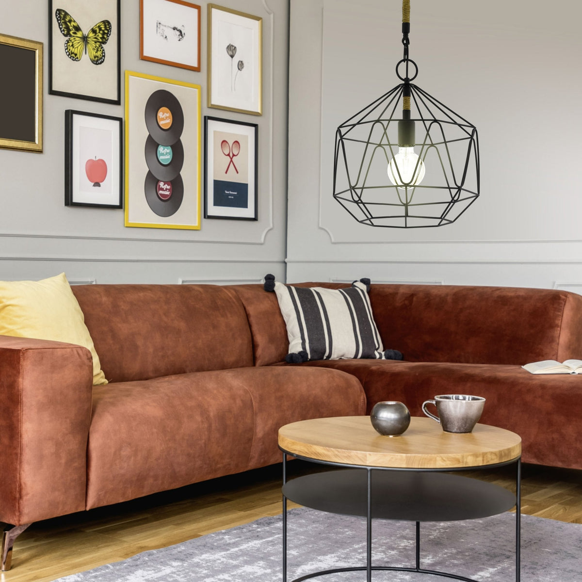 Cottingham Black Diamond Shaped Wire Pendant Suspended from Hemp Cord