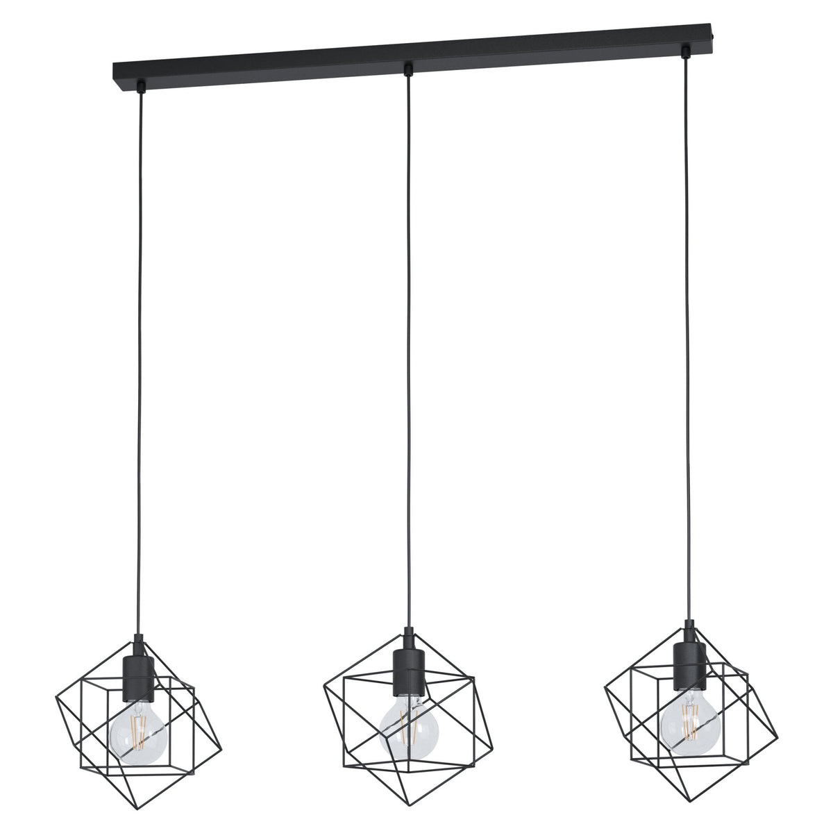 Three black geometric pendant lights hang from a horizontal bar.