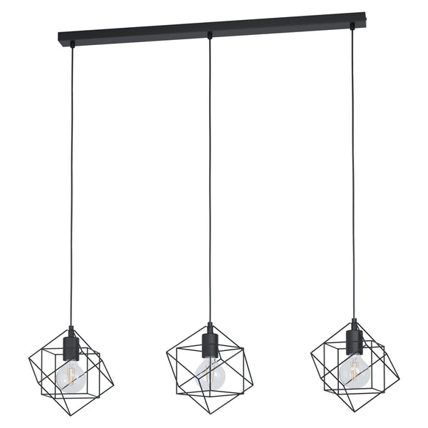 Three black geometric pendant lights hang from a horizontal bar.