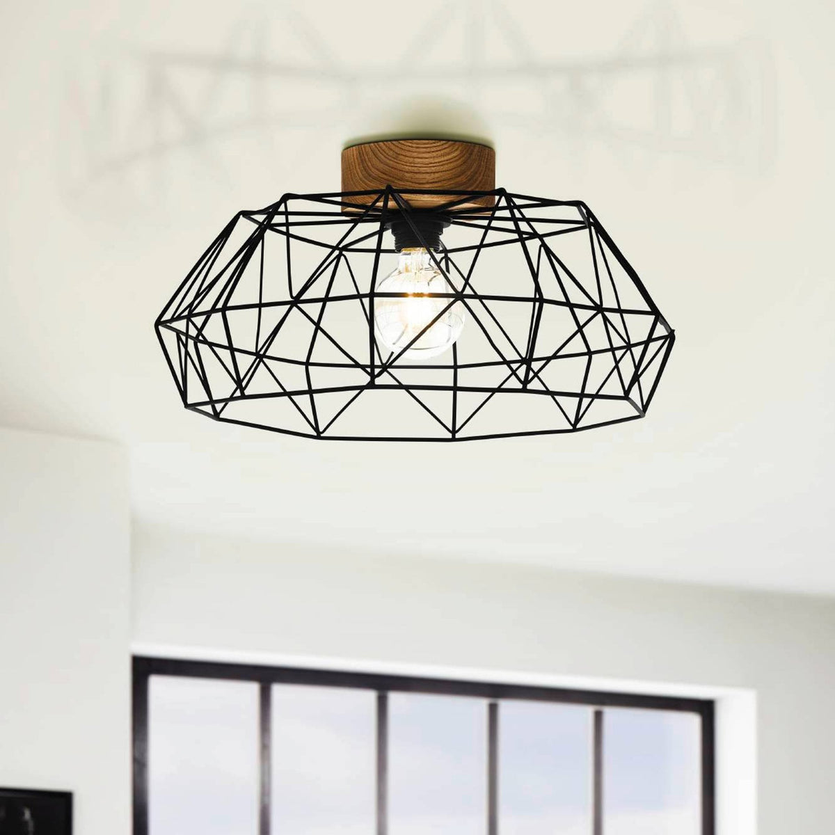 Padstow Wire Frame Ceiling Light in Black on Wooden Mount