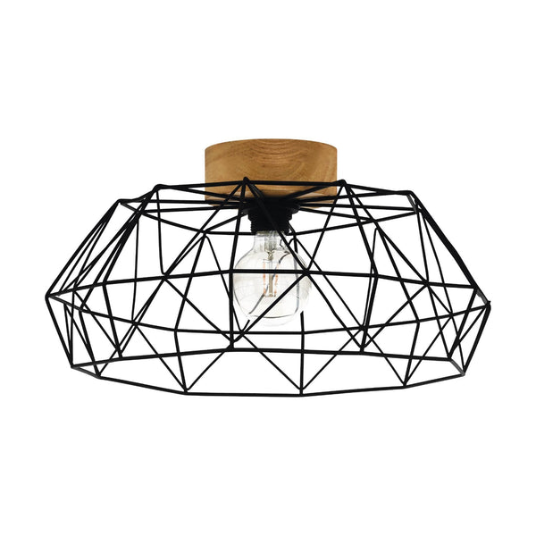 Padstow Wire Frame Ceiling Light in Black on Wooden Mount