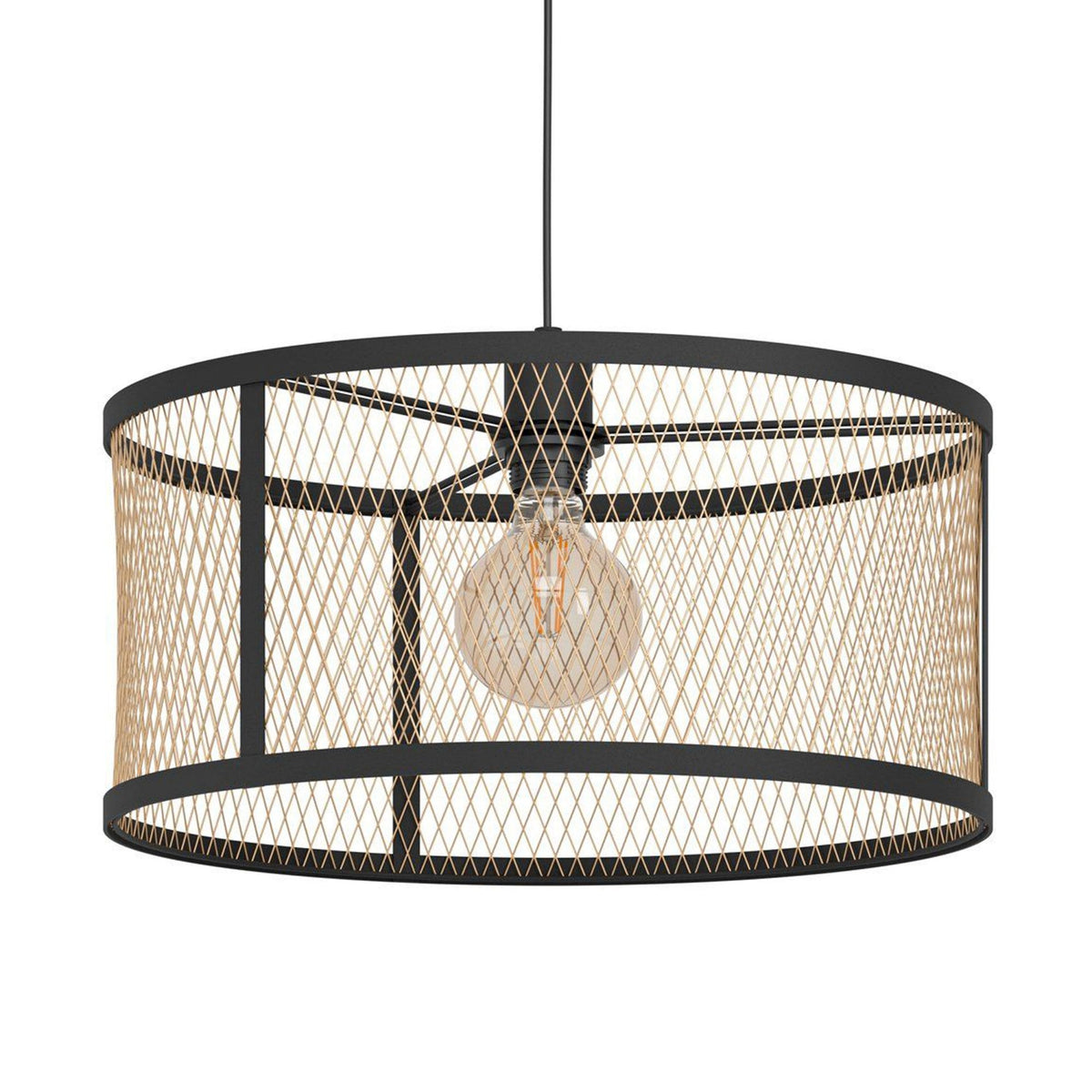 Dellow Single Drop Pendant in Black with Metal Mesh in Brushed Brass