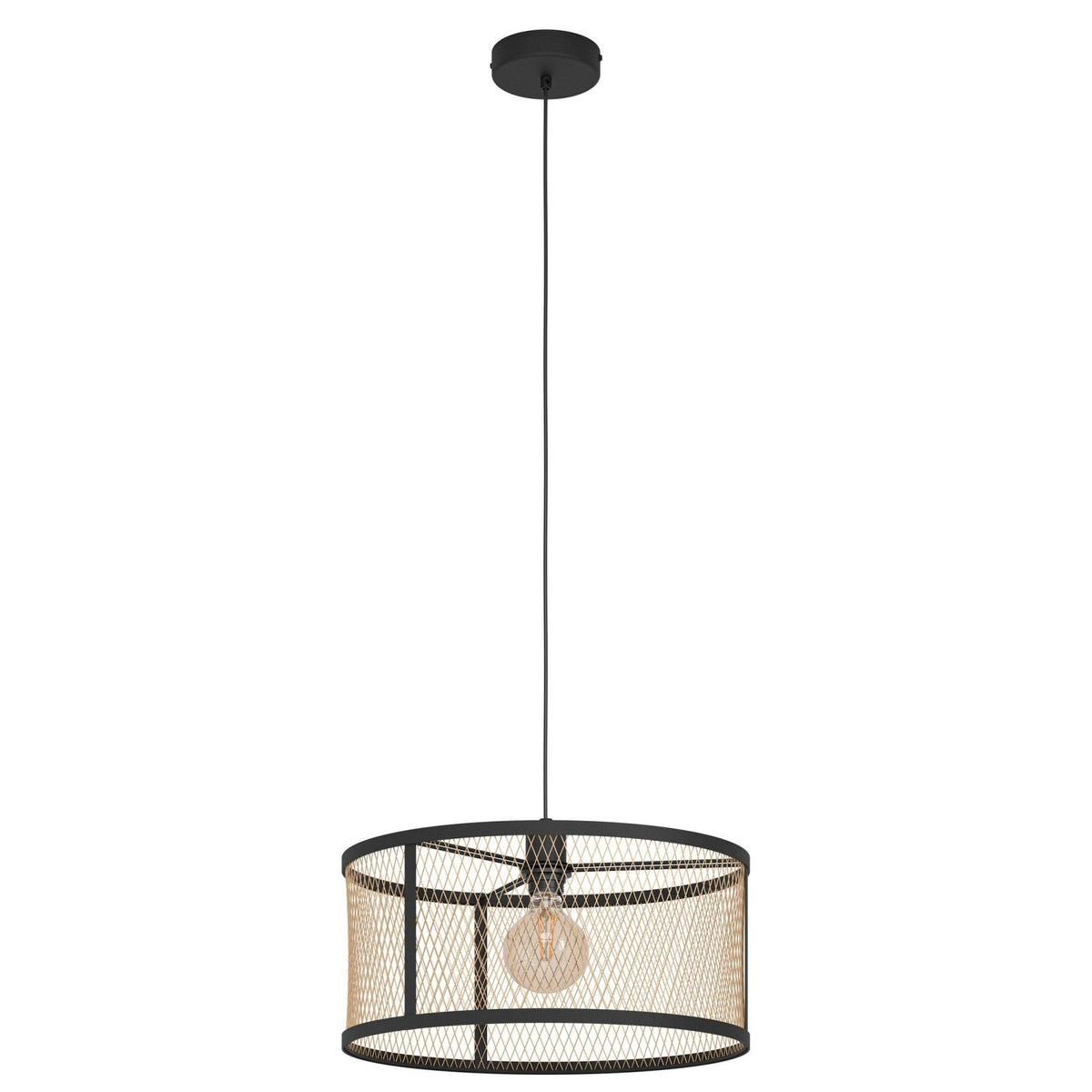 Dellow Single Drop Pendant in Black with Metal Mesh in Brushed Brass