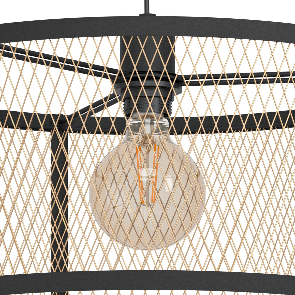Dellow Single Drop Pendant in Black with Metal Mesh in Brushed Brass