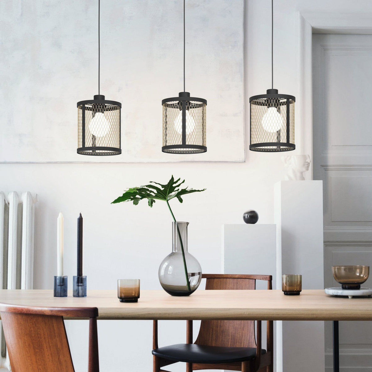 Dellow Triple Drop Linear Pendant in Black with Metal Mesh in Brushed Brass