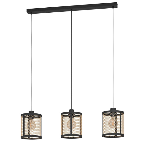 Dellow Triple Drop Linear Pendant in Black with Metal Mesh in Brushed Brass