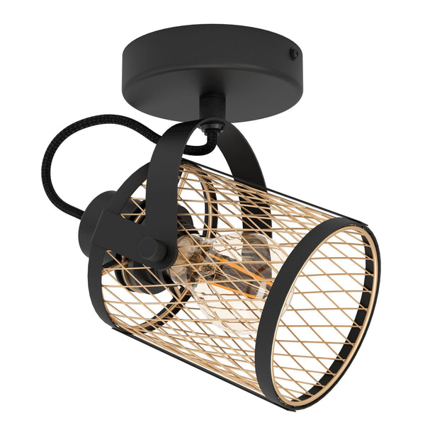 A black industrial-style ceiling spotlight with a meshed cylindrical shade.