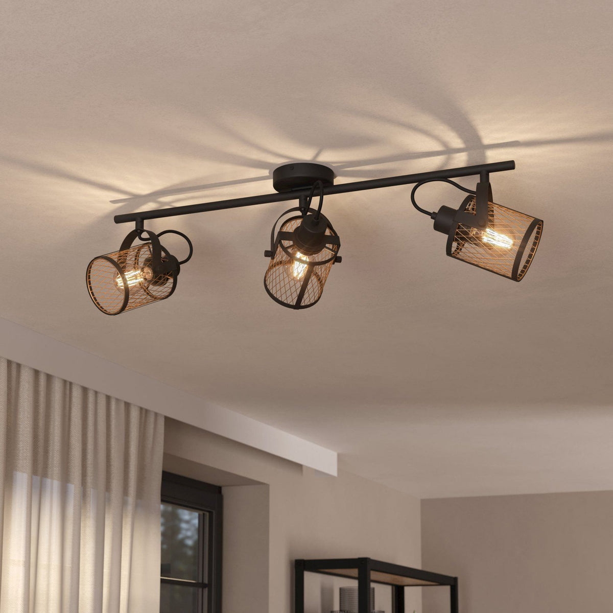 Dellow Triple Spotlight in Black with Metal Mesh in Brushed Brass