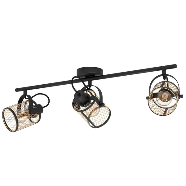 Dellow Triple Spotlight in Black with Metal Mesh in Brushed Brass