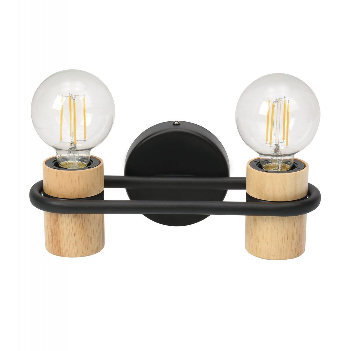 Two-light wall lamp with wooden accents and exposed filament bulbs on a white background.
