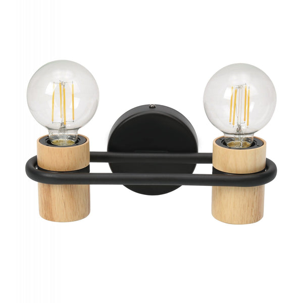 Two-light wall lamp with wooden accents and exposed filament bulbs on a white background.