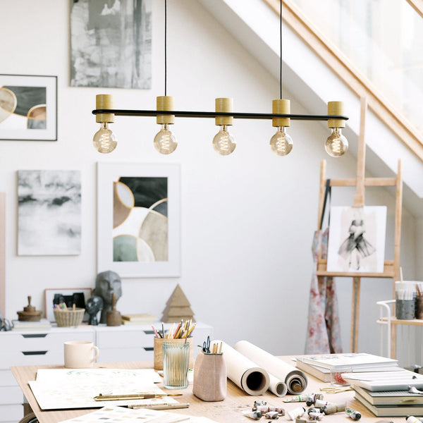 Chieveley Five Lamp Linear Pendant in Black with Wood Detailing