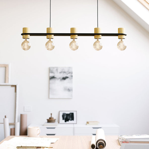 Chieveley Five Lamp Linear Pendant in Black with Wood Detailing