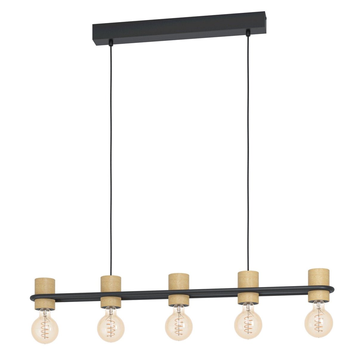 Chieveley Five Lamp Linear Pendant in Black with Wood Detailing