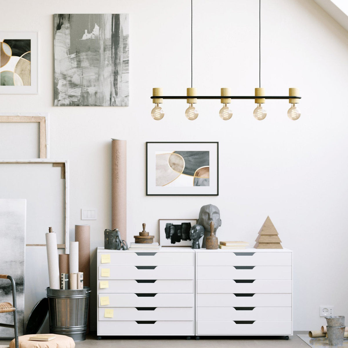 Chieveley Five Lamp Linear Pendant in Black with Wood Detailing