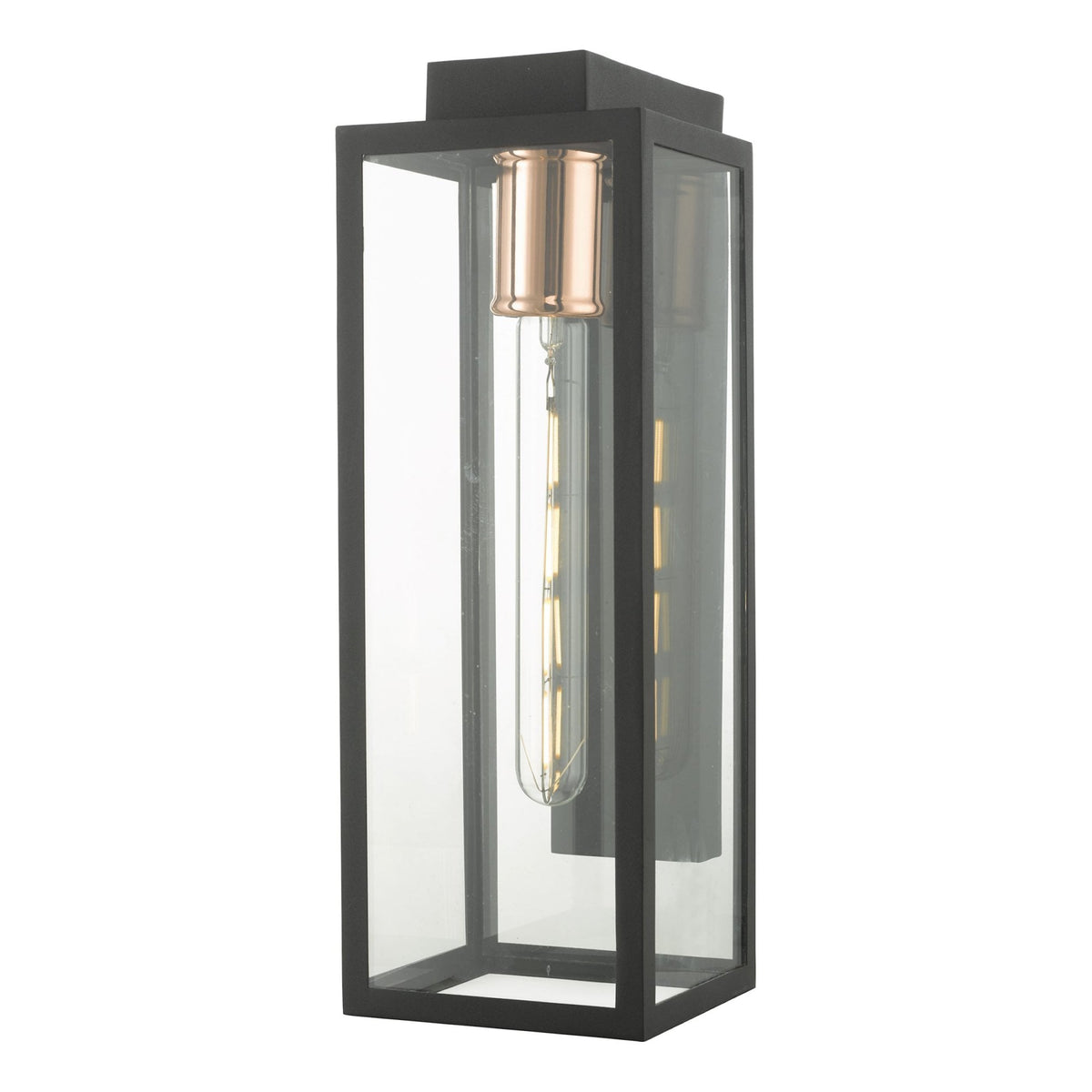 Black rectangular outdoor wall light with clear glass panels and a copper bulb holder.