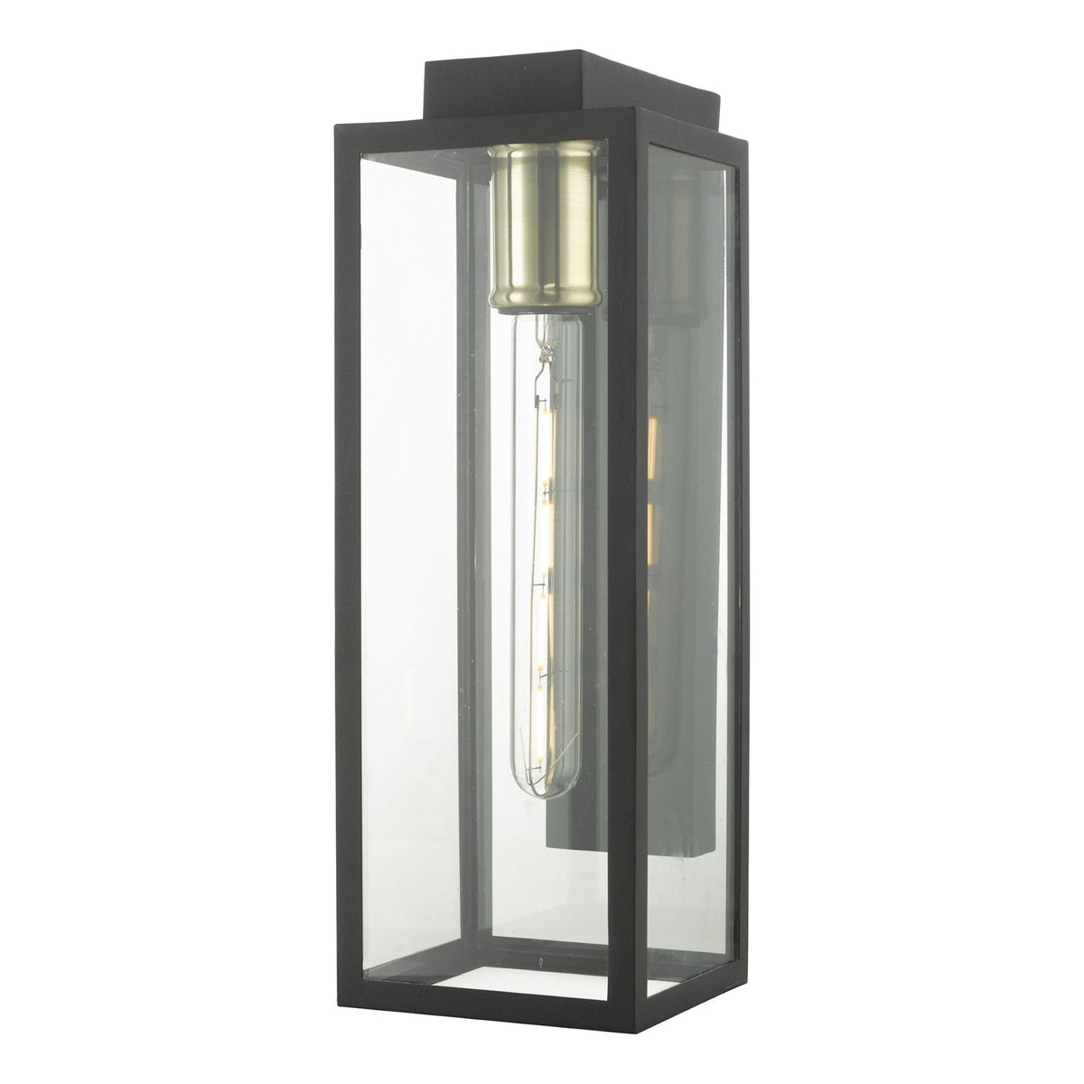 Black rectangular outdoor wall light with clear glass panels and a gold-toned bulb holder.