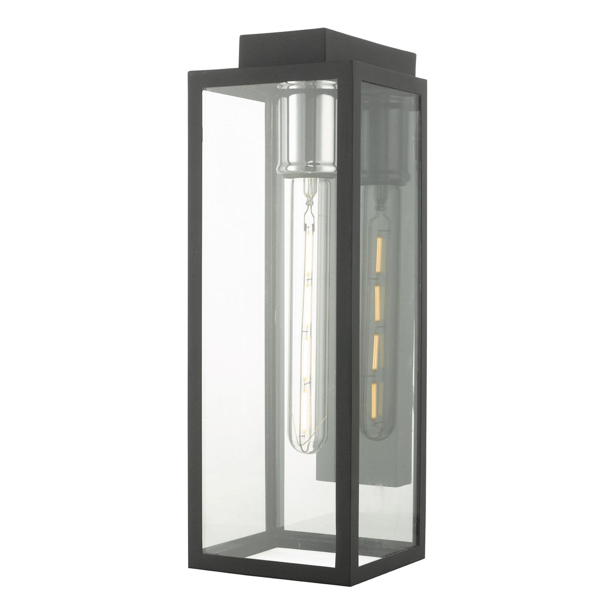 Black rectangular outdoor wall light with clear glass panels and a long, exposed filament bulb.