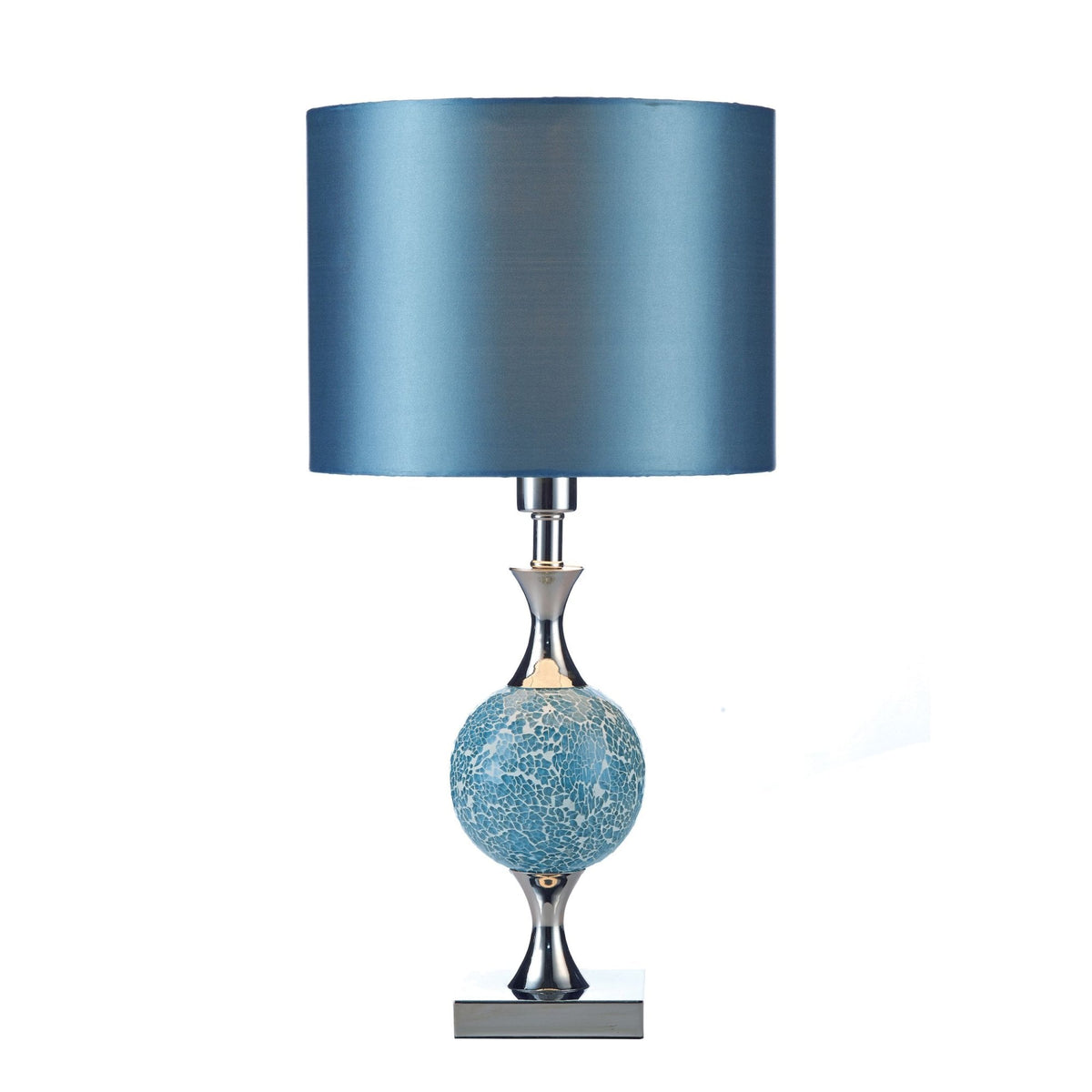 Elsa Table Lamp In Polished Chrome & Blue Mosaic With Blue Faux Silk Shade